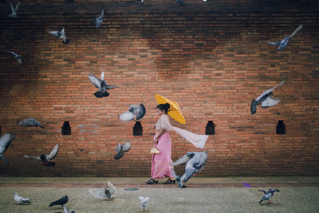 Asian girl and Flying pigeons near Tha Phae gate at Old city in Chiang Mai Thailandの写真素材