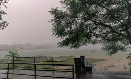 Fewa lake during rainy season in Pokhara Nepalの写真素材