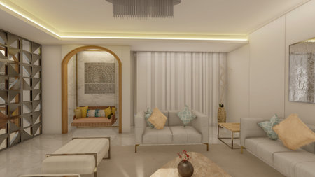 Modern Living Room with Luxury Furniture and Neutral Tonesの写真素材