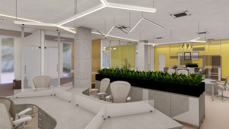 Futuristic Office 3D rendering with Minimalist Interiors and Linear Lightingの写真素材
