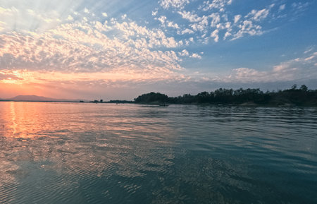 Cinematic landscape panorama shot of sunset at Kaptai Lake Rangamati Chittagongの写真素材