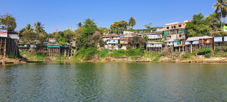 Cluster of houses on silts or Rural settlements along the Kaptai Lakeの写真素材