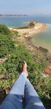 Aesthetic island hopping vacation travel photo in Kaptai Lakeの写真素材