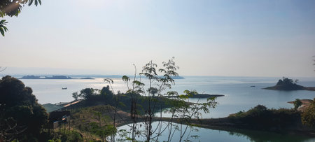 Kaptai lake scenic foggy morning panoramaの写真素材