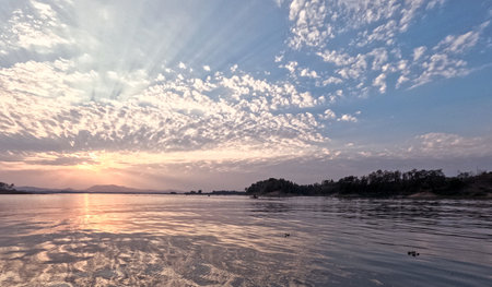 Panoramic concept of sunset near scenic Kaptai Lake Rangamatiの写真素材