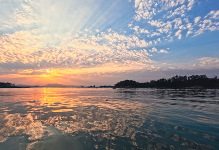 Sunset seascape under pink cloudy sky of Kaptai Lake Rangamati Chittagongの写真素材