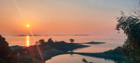 Foggy morning landscape of Kaptai lake remote islandの写真素材