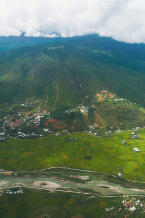 Overview of Tranquil landscape and settlement of Paro district in Bhutanの写真素材