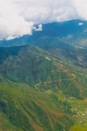 High mountain range scenic landscape aerial shot in Bhutanの写真素材