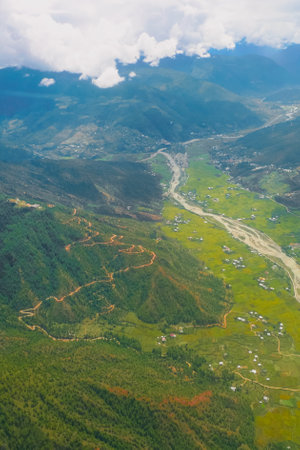 Aerial view of the HImalaya high mounrain range in Paro valley Bhutanの写真素材