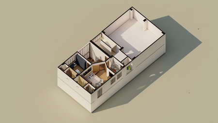 3D Cross Section of Furnished Home- Real Estate Project Plan with Dining Room Foyer Storageの写真素材