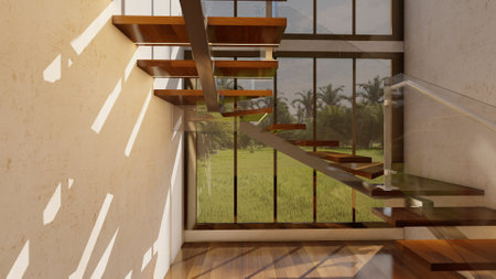 Floating Duplex Stair Design in Luxury Home-Architectural Visualization with Natural Lightの写真素材