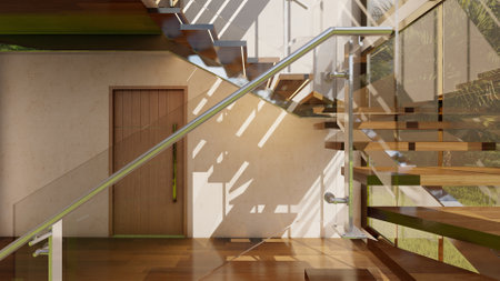 Floating Duplex Stair Design in Luxury Home-Architectural Visualization with Natural Lightの写真素材