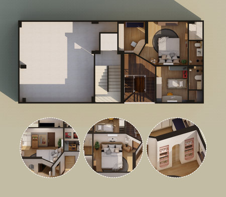 3D Modern House Architectural Floor Plan with Blow Up of Interiorの写真素材