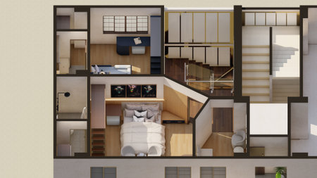 Isometric Floor Plan of a Modern Apartment with Bedrooms and compact Bathroomsの写真素材