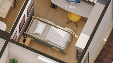 Close up of isometric home interiors 3d renderin