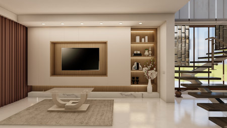 Minimalist Living Room with Integrated Media Wall and Sculptural Staircase Viewの写真素材
