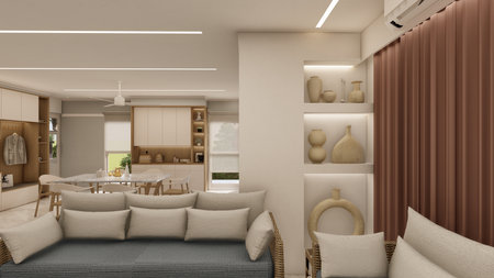 Contemporary Living Room with Light Sofa and Natural Wood Decorの写真素材