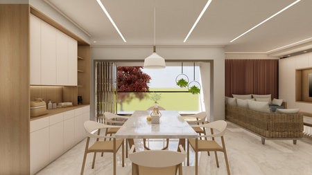 Minimalist Dining Area with Wooden Table and wooden Chairsの写真素材