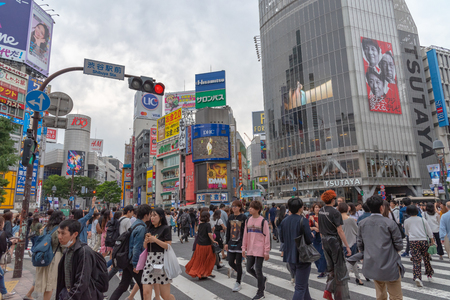Shibuya, Tokyo, Japan - April 30, 2018: Pedestrians crosswalk at Shibuya district in Tokyo, Japan. Shibuya Crossing is one of the busiest crosswalks in the world.のeditorial素材