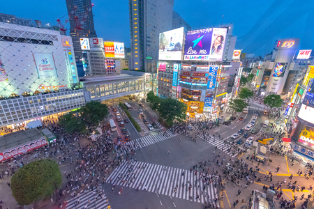 Shibuya, Tokyo, Japan - April 30, 2018: Pedestrians crosswalk at Shibuya district in Tokyo, Japan. Shibuya Crossing is one of the busiest crosswalks in the world.のeditorial素材