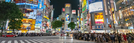 Shibuya, Tokyo, Japan - April 30, 2018: Pedestrians crosswalk at Shibuya district in Tokyo, Japan. Shibuya Crossing is one of the busiest crosswalks in the world.のeditorial素材
