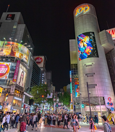Shibuya, Tokyo, Japan - April 30, 2018: Pedestrians crosswalk at Shibuya district in Tokyo, Japan. Shibuya Crossing is one of the busiest crosswalks in the world.のeditorial素材