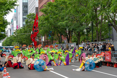 YOSAKOI Soran Festival. Powerful dance performances parade in Odori Park, Sapporo City. Many teams showcase the original dance. A very popular festival for tourists.のeditorial素材