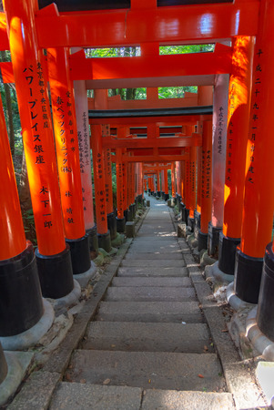 Fushimi Inari-taisha Shrine.  Thousands countless vermilion Torii gates with red Japanese lanterns, Fushimi Inari Religious Center is the most important Shinto Sanctuary and the oldest in Kyoto, Japanのeditorial素材