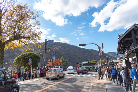Togetsu-kyo bridge over katsuragawa river with colourful forest mountain background in Arashiyama district. Arashiyama is a nationally designated Historic Site and Place of Scenic Beauty. Kyoto, Japanのeditorial素材