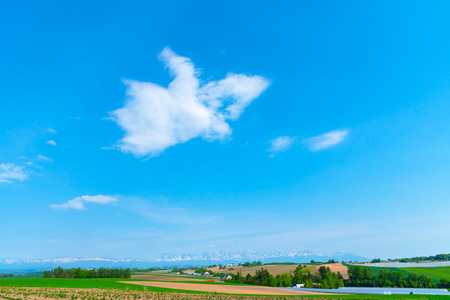 Panoramic rural landscape with mountains. Vast blue sky and white clouds over farmland field in a beautiful sunny day in springtime.の写真素材