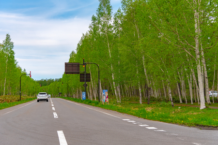 Rural road view at summer in Biei town, located in Kamikawa Subprefecture, Hokkaido, Japanのeditorial素材