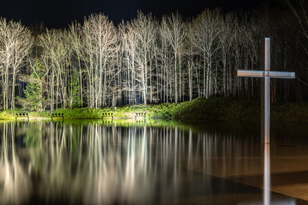 Church on the Water or Chapel on the Water, a large window faces a reflecting pool. design by Japanese modernist architect Ando Tadao. Hoshino Resort Tomamu, Shimukappu, Hokkaido, Japanのeditorial素材