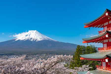 Mount Fuji viewed from behind Chureito Pagoda in full bloom cherry blossoms springtime.のeditorial素材