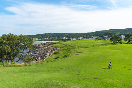 Beautiful Tanesashi kaigan Coast. The coastline includes both sandy and rocky beaches, and grassy scenic meadows viewsのeditorial素材