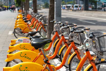 Row of Ubike ( YouBike ). Ubike is a popular network of rental bicycle in Taipei. A bike sharing...