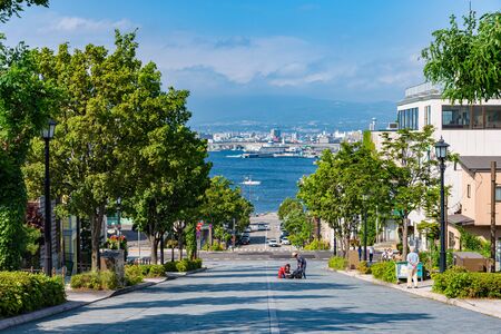 View of Hachiman-Slope zaka in summer sunny day white clouds and bule sky. A sloped street made famous in movies and commercials. Popular Sightseeing Spot in Hakodate City, Hokkaido, Japanのeditorial素材