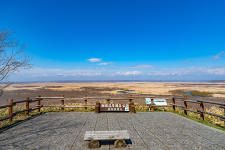 Hosooka observation deck in Kushiro Shitsugen national park in spring day. The largest wetland in Japan. The park is known for its wetlands ecosystems. Kushiro, Hokkaido, Japanのeditorial素材