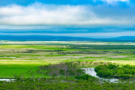 Kushiro Shitsugen national park in Hokkaido in spring day, view from Hosooka observation deck, the largest wetland in Japan. The park is known for its wetlands ecosystemsの写真素材