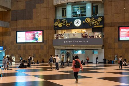 Interior of Taipei Main station building. View of lobby and shopping street of Taipei Main Station, passenger and tickets vending machine in Taipei, Taiwanのeditorial素材