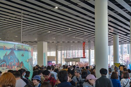 interior lobby of Goryokaku Tower. People come here in springtime to enjoy the cherry blossoms full bloom. Visitors are waiting elevator to observation deck. Hakodate, Hokkaido, Japanのeditorial素材