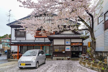 Street view of Kakunodate in springtime cherry blossom season sunny day morning. Kakunodate is famous by the Bukeyashiki (samurai residences). Semboku District, Akita Prefecture, Japanのeditorial素材