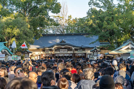 Tourists visiting Kato Shrine in New Year holiday. A shrine in Kumamoto Castle, Kumamoto City....