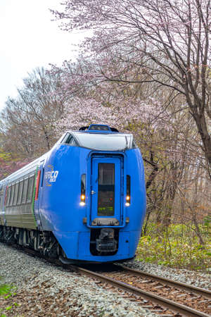 KiHa 283 series tilting diesel multiple unit train type, operated by Hokkaido Railway Company (JR Hokkaido) on limited express services in Hokkaido, Japanのeditorial素材
