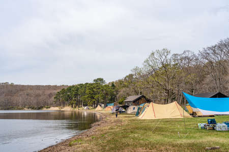 Higashi-Onuma Campsite in Onuma Quasi-National Park. Town Nanae, Oshima Subprefecture, Hokkaido, Japanのeditorial素材