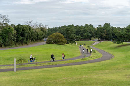 Tourists walking and cycling in the Hitachi Seaside Park. Ibaraki Prefecture, Japan.のeditorial素材