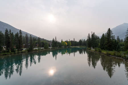 Banff, Alberta, Canada-SEP 14 2020: Downtown Banff Avenue as a haze. Smoke from the forest wildfires. Poor air quality.のeditorial素材