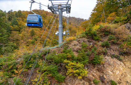 View of mountains and valleys from the Dragondola (Naeba-Tashiro Gondola) in autumn foliage season. Longest aerial gondola lift line in Japan.のeditorial素材
