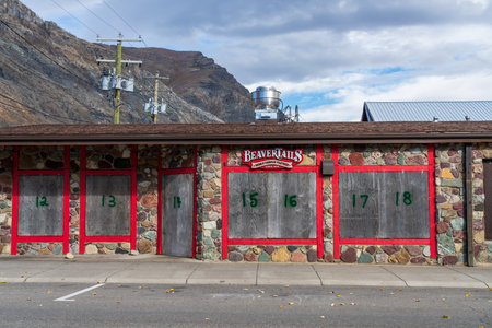 Waterton Village. Town street view in autumn season morning. Waterton Lakes National Park, Alberta, Canada.のeditorial素材