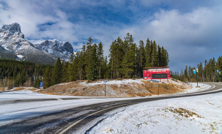 Canmore, AB, Canada-OCT 24 2020: Canmore Nordic Centre Provincial Park in winter sunny day morning.のeditorial素材